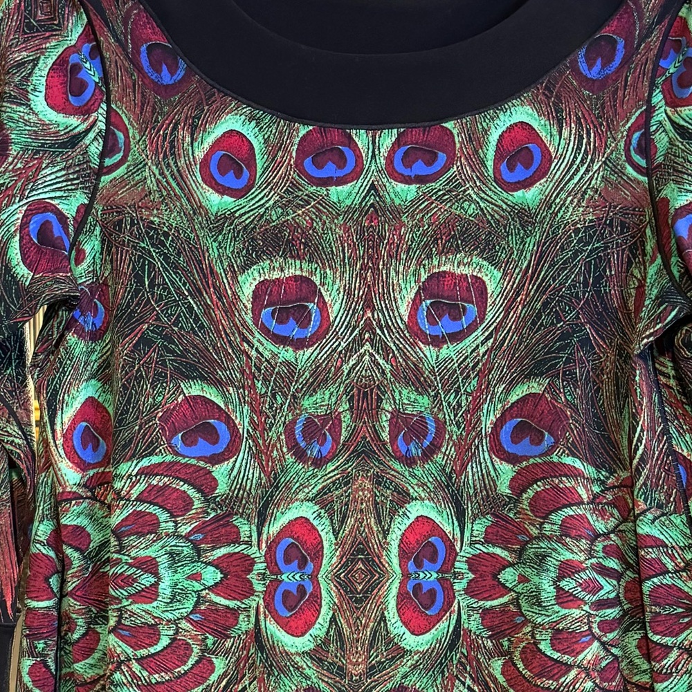 Eva Varro Green Peacock Print Tunic Top Shirt Sz S Small V Open Back Abstract - Picture 6 of 8